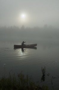 Man paddling canoe in misty morning conditions with sun starting to burn through