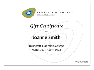 An example of a gift certificate for a Frontier Bushcraft course