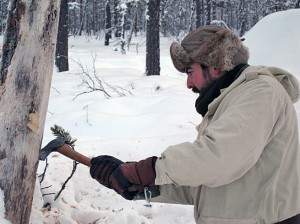 Bushcraft Instructor James Bath using an axe in the Northern Forest