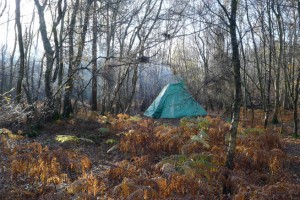 A tarp tipi shelter in the woods on a Frontier Bushcraft winter bushcraft course