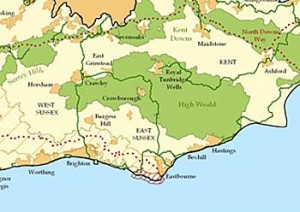 A map of the High Weald, within which Frontier Bushcraft runs courses
