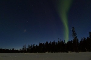 Northern lights, aurora borealis, sunset glow, with Venus and Jupiter