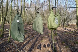 Various bags attached to the hanging line