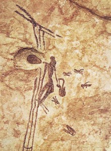 Rock art depicting honey collection including ladders