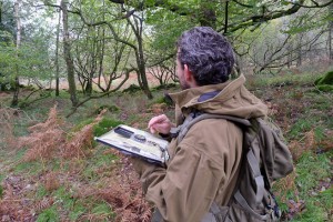 Man navigating with map and compass in woodland