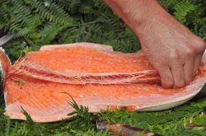 Backbone and ribs of salmon being removed by hand