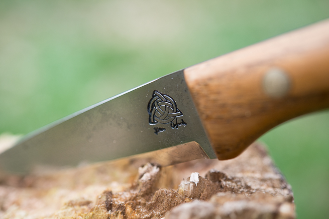 Ben Orford knife logo detail also showing section of the knife blade where the back is rounded off