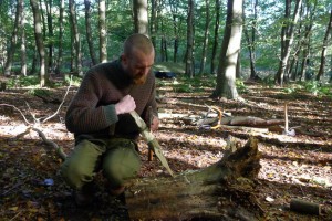 Man using axe to make wooden gluts for splitting logs