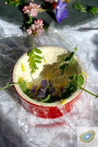 lined ramekin with edible flowers