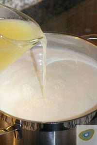 pouring lemon juice into goats milk