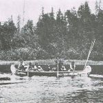 Fur trade canoe black and white photograph