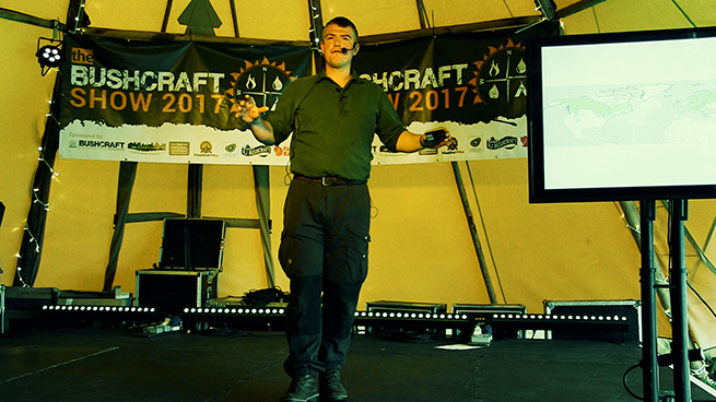 Bushcraft instructor Paul Kirtley on the main stage at the Bushcraft Show