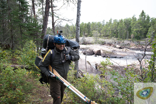Man carrying paddles, barrel and portage pack