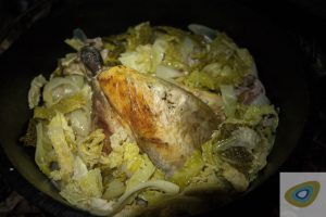 Guinea fowl and cabbage in a pot