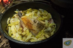 Roast guinea fowl with cabbage in the Dutch oven