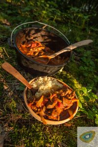 Curry and rice in wooden bowl in front of Dutch oven, with wooden spoons