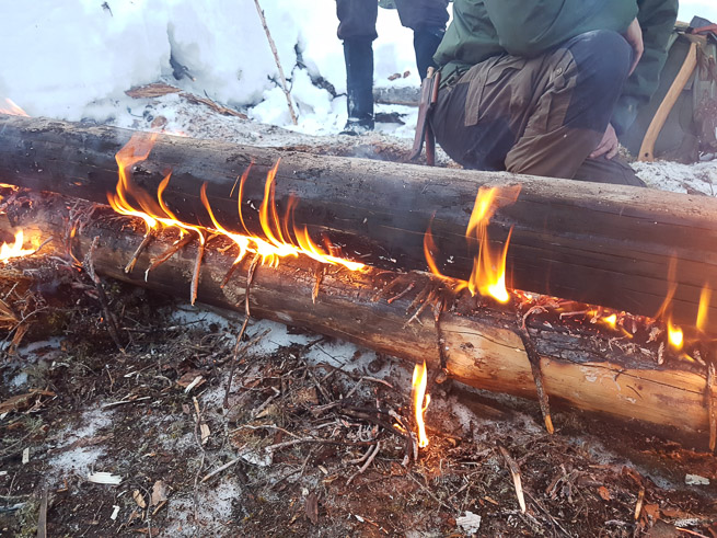 Two logs with fire in between.