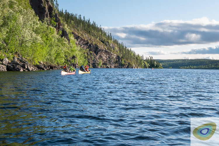 Several tandem canoes paddling along a strip lake in the wilderness of Northern Saskatchewan